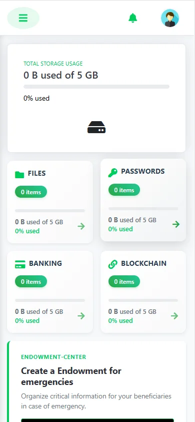 The PhēnixLoc dashboard with its Files, Passwords, Banking and Blockchain vaults